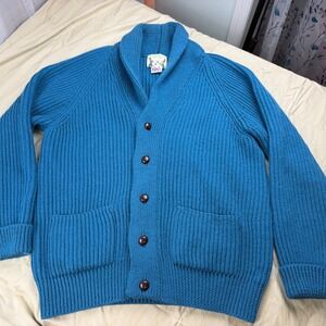 Peter Christian Mens 2XL British Wool Shawl Collar Cardigan Blue Ribbed Knit UK